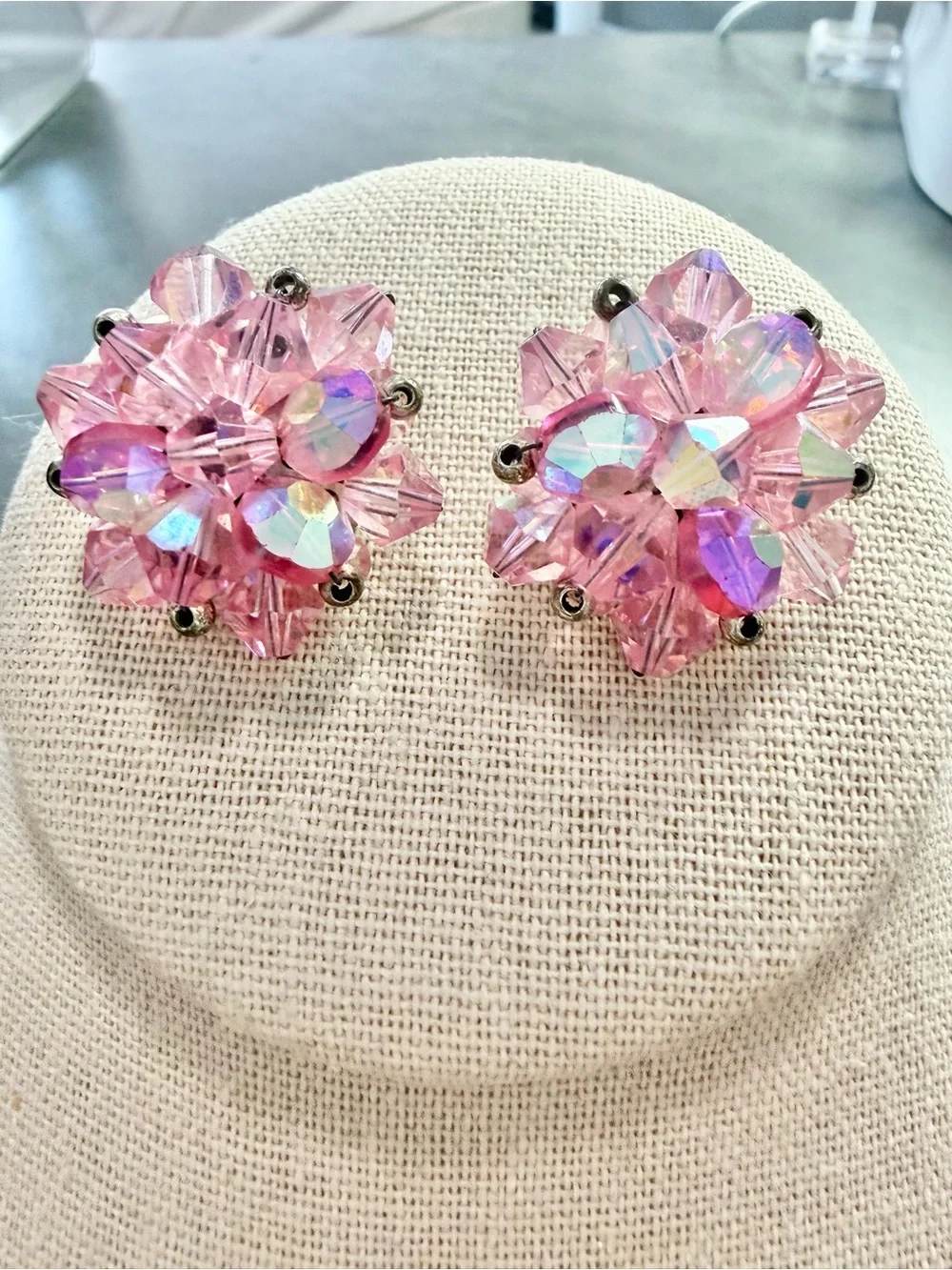 Vintage Pink Crystal Necklace And Clip On Earrings Set Aurora Borealis Faceted
